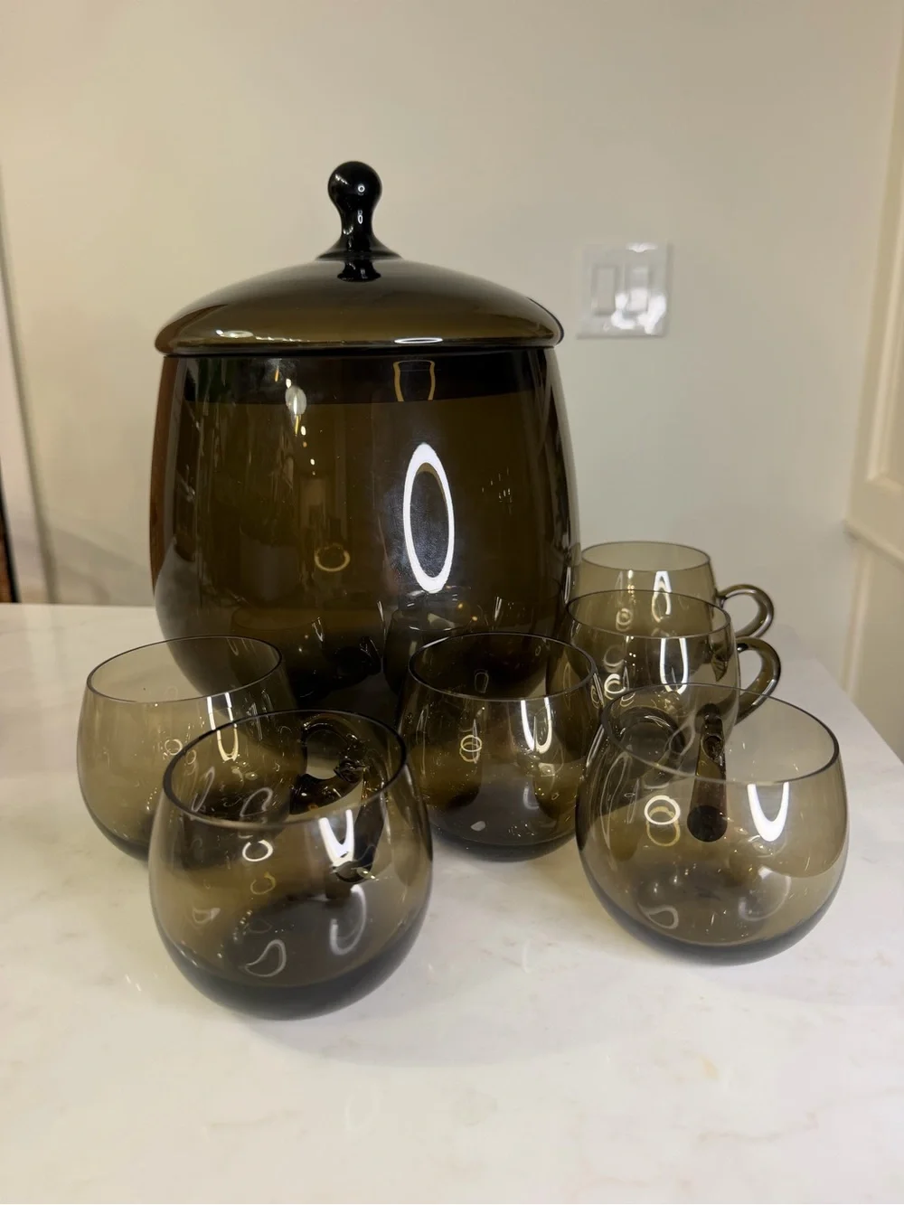 Vintage MCM Smoky Glass Punch Bowl Set with Lidded Centerpiece and 6 cups